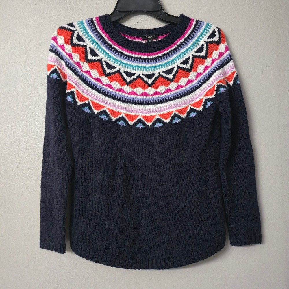 Talbots Petites Navy Blue Fair Isle Geometric Knit Sweater Small P SP